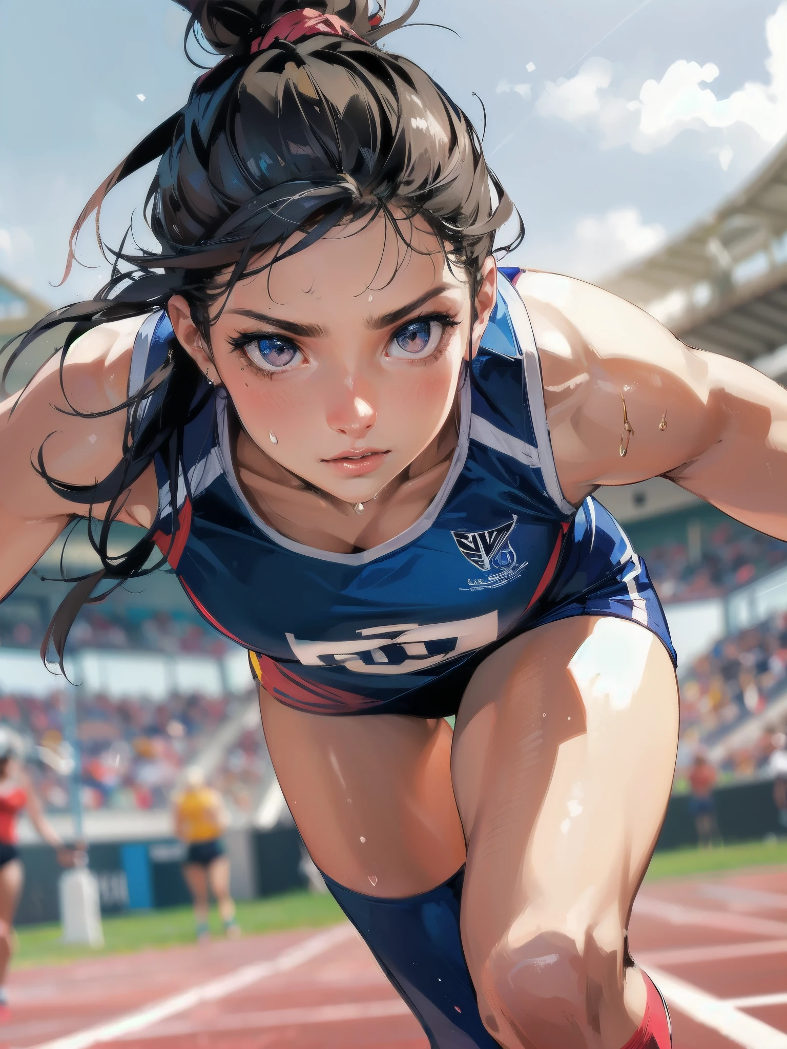 Track and field, during the match, detailed face, ultra high definition, ultra high quality