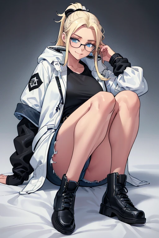 female, blonde long hair in a ponytail, blue eyes, (((1girl))), (((white and black jacket with rolled up sleeves))), (black shirt), (blue denim jeans), (black belt), (black shoes), (glasses), cute and sexy, full body, modest breasts, modest butt, long legs, smiling