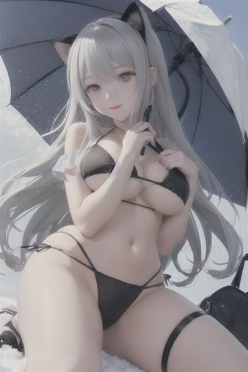 Anime girl in bikini holding an umbrella in the snow, Enchanting anime girl, perfect Gray-haired girl, Gweitz, artwork in the style of Gweitz, Beautiful and attractive anime woman, Beautiful Anime Girls, Gray-haired, Gweitz masterpiece, Beautiful anime artwork, White long hair, Beautiful Anime Women, Gray-haired deity, Gray-haired少女,Cat ear,Spread your legs