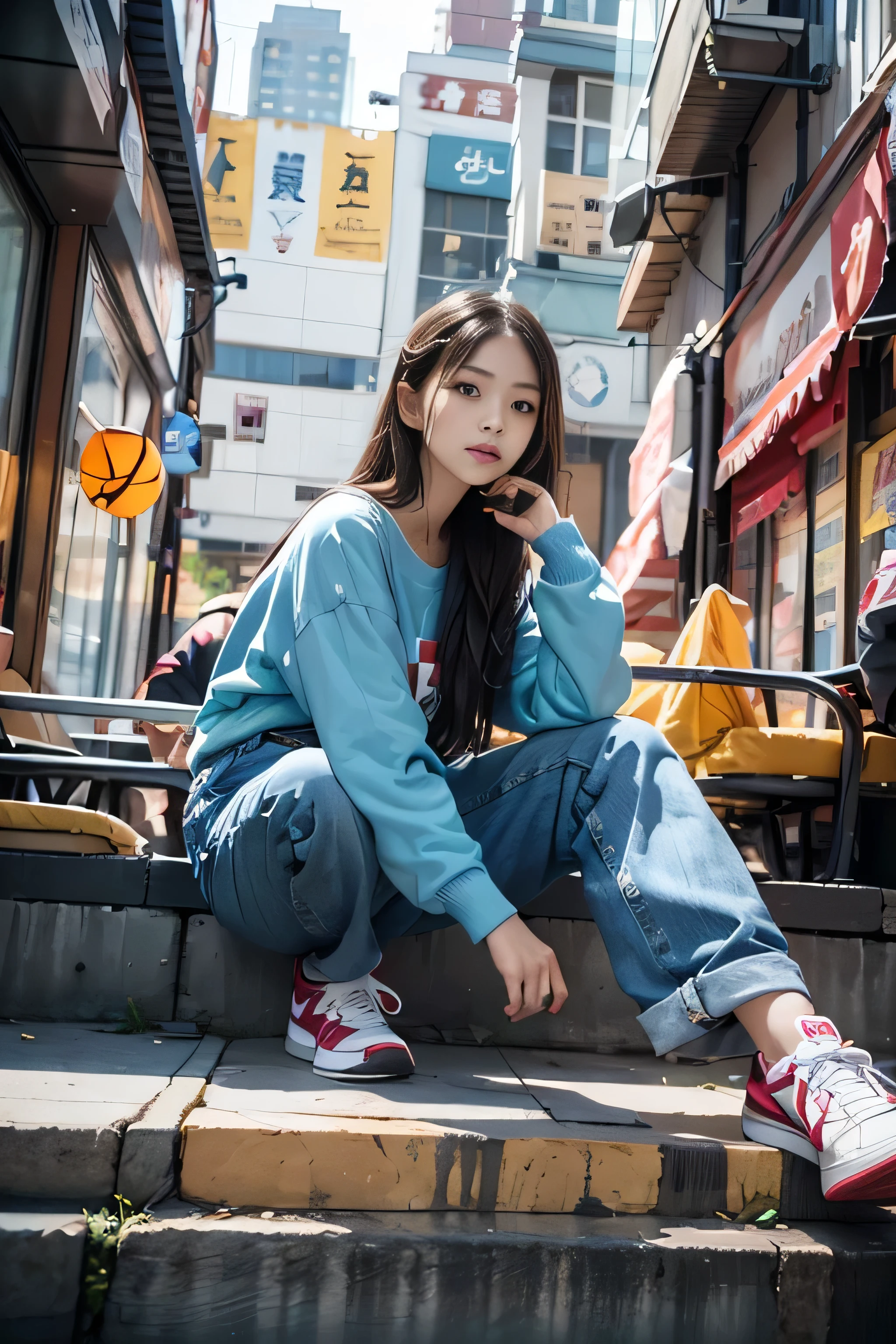 One girl，Japanese, , Wearing a colorful long sleeve shirt，(((Bottom View))),Athletic Sneakers，Low-rise denim pants, Have a smartphone, Shallow space，Background of urban architecture，Sitting pose，highest quality, masterpiece, 8k，Shallow depth of field, Biologically correct,