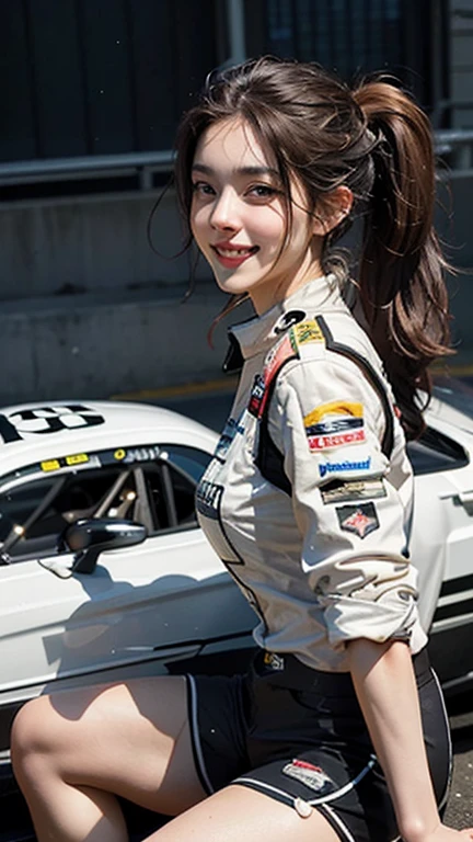 Very detailedな CG Unity 8k 壁紙, highest quality, Very detailed, masterpiece, Realistic, photo Realistic, Very detailedなかわいい女の子, Age 25, (whole bodyからつま先まで:1.2、(whole body)、(whole body to toes)、(Shooting from the side:1.2)、((sitting on the hood of a car))、(Race Queen)、(Natural pose),(Model pose)、(Big Breasts)、(Big Ass)、(smile at the camera)、( smile ),(whole bodyショット:1.2) ,(Side view:1.2)、(Side Shot:1.2)、(ponytail)、(photoRealistic:1.3)、((Wear a sponsored grid girl costume,Logo is printed)), (Shorts) , (Participate in a motorsport race),
