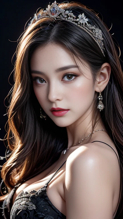 highest quality、masterpiece、8k、Award-winning works、Hyperrealism、Vampire Princess、恐ろしいVampire Princess、Natural forehead、spooky、White skin、Wicked Makeup、Full body photo、Face close-up、Photographing faces with beautiful composition、The most detailed and beautiful face、The relentless gaze、look at me、Long eyelashes、spookyメイク、Black Lips、eye shadow、艶のあるBlack Lips、highest qualityのウルトラHDスキン、The most detailed eyes、(The most luxurious and highest quality giant tiara、The most luxurious and highest quality giant necklace、The most gorgeous giant ruby、The most luxurious jewelry decoration、(((The most gorgeous black dresses 1.5)))、Lace fabric、Cleavage、((Black background、dark、dark image、dark部屋1,3))、Beautiful long wavy hair、Small Breasts 1.5、Sharp Eyes、Sharp Eyes、
((Full body photo1.5))、
