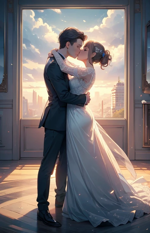 ((highest quality)), ((masterpiece)), (Get used to it), Perfect Face , Couple , 1 male , 1 female , On the bed , kiss , Embrace each other ,