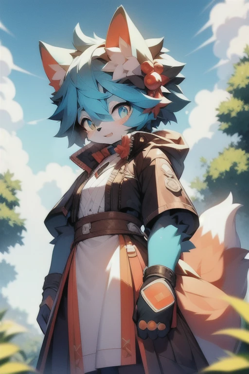 Fluffy, Lovely, woman, Blue fur, Small amount of orange fur, Light blue pupils, Pure white ears,Ear tip orange,Sky blue tail, Tail tip orange, Good shape