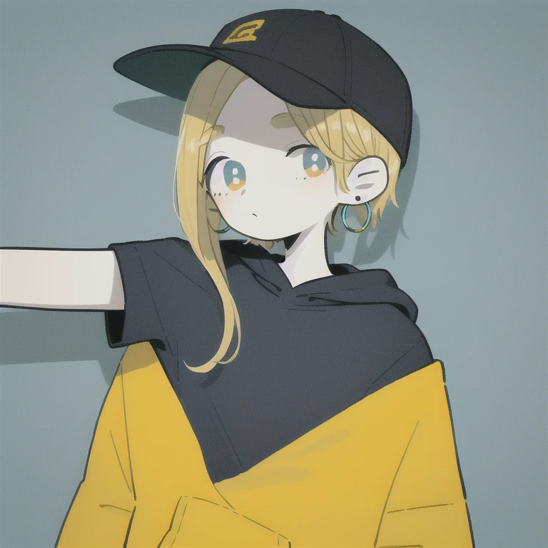masterpiece, highest quality, One girl, Aqua Eye,Black baseball cap, Blonde, Earrings, Blue background, Have, hoop Earrings, jewelry, View your viewers, shirt, short hair, Simple Background, alone, Upper Body, yellow shirt,hoodie