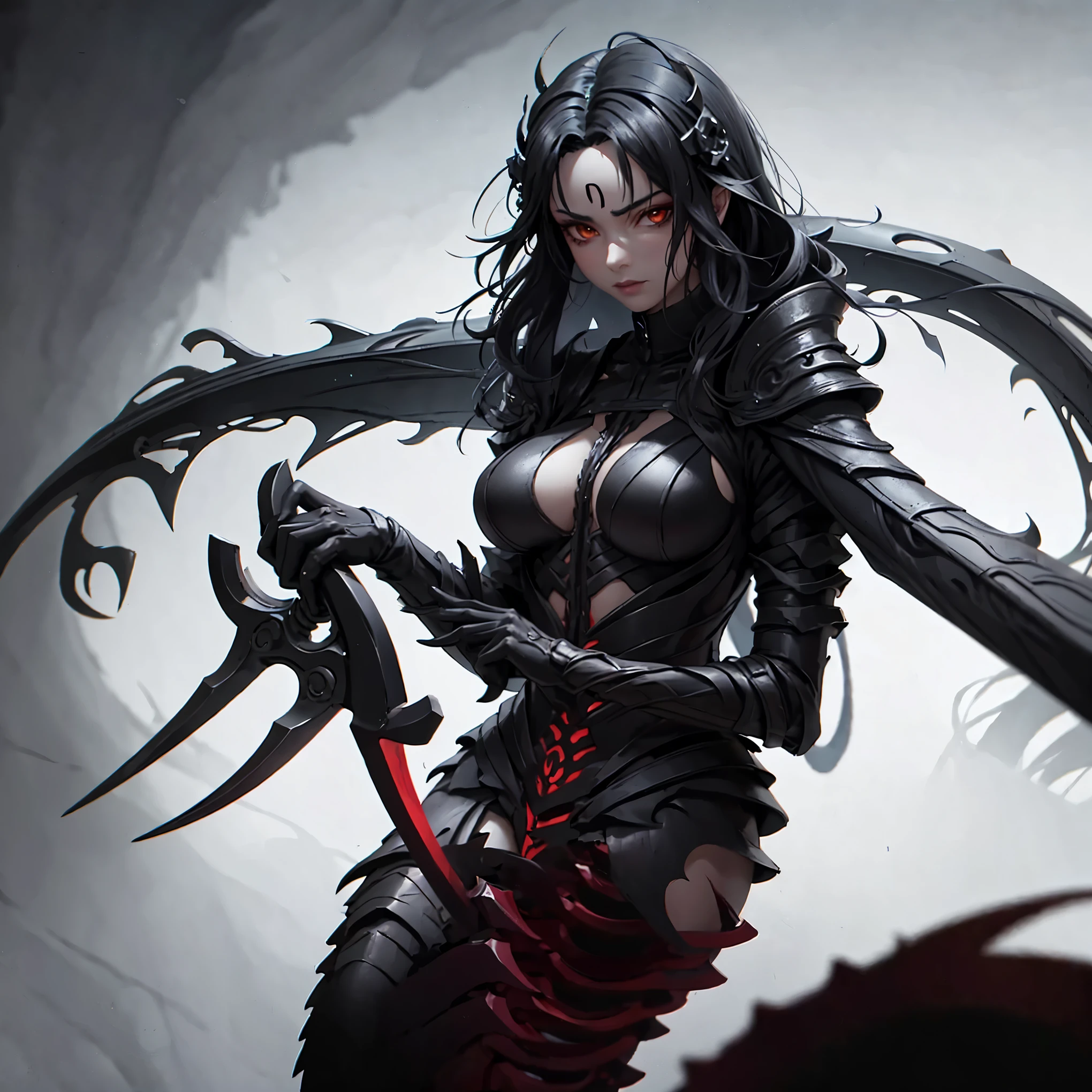 Centipede girl. Her image color black. She holds a scythe in her hand. Her hairstyle shows off her forehead. lightly armored.