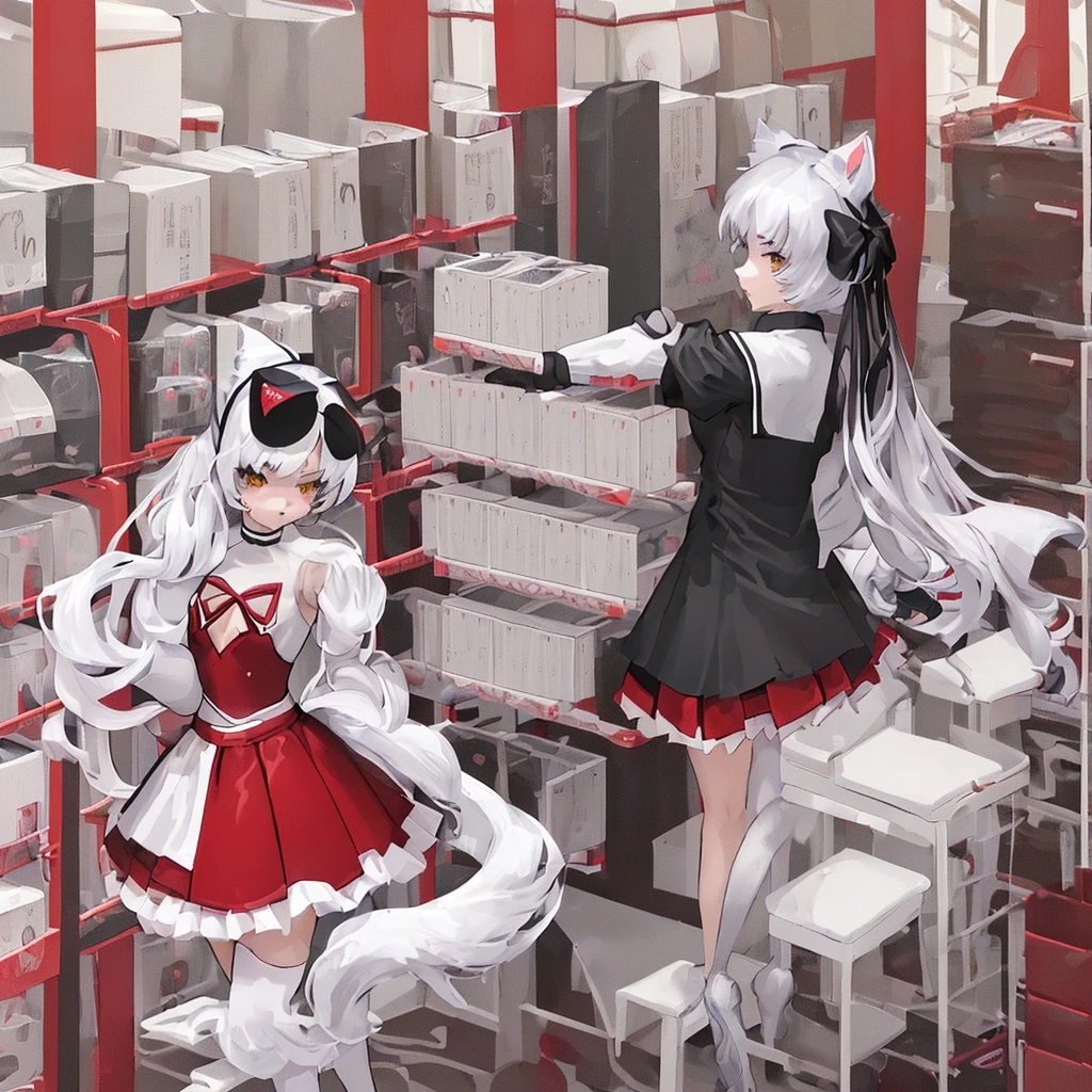 gym storeroom, Koneko Toujou (DXD), 1girl, white cat ears, (classic uniform), white cat tail, school hallway, red skirt, small breasts, black ribbon,, masterpiece, best quality, highly detailed