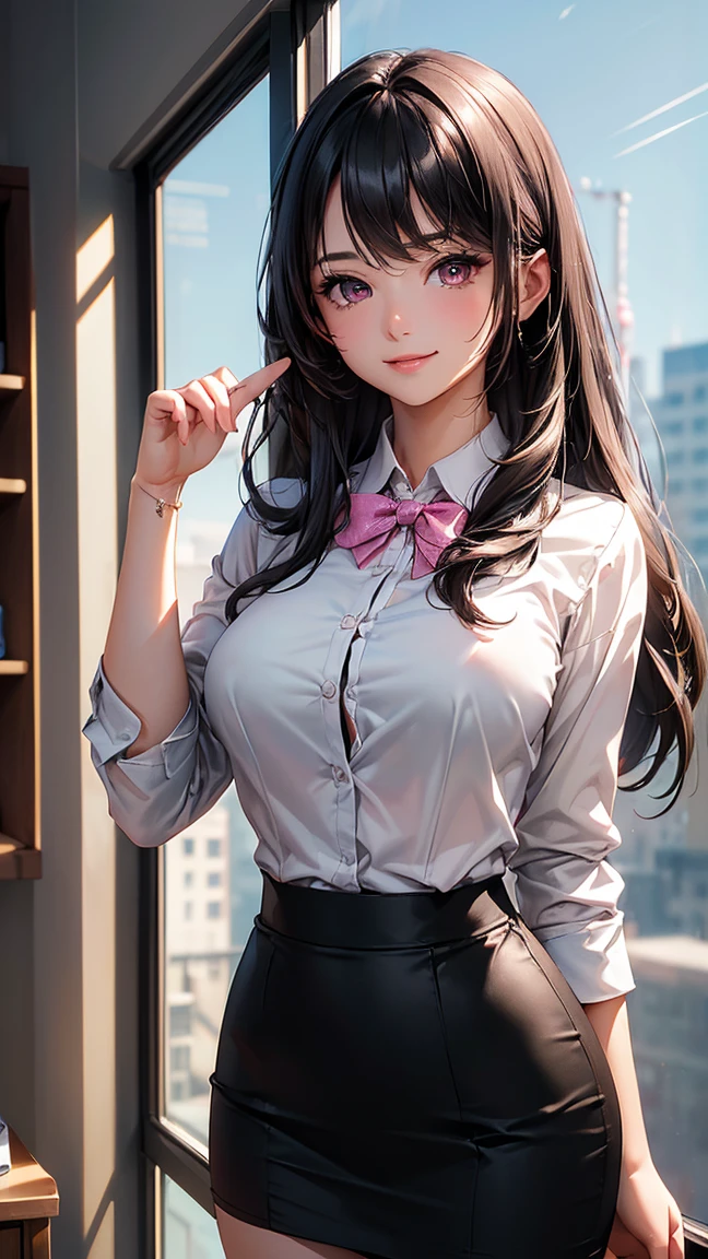 (Masterpiece:1.2), (best quality:1.1, (High quality:1.3), very detailed 8k CG unit wallpaper, depth of field, HDR, realistic, very detailed:1.2, complicated, Highly detailed:1.2, y woman, bigffice woman, white shirt, Chest groove, black short skirt, Black suit shirt, long hair,pink eyes, Blue On, Eye details:1.5, shadow sound details:1.2, light:1.1, The skin instantly became beautiful., smiling, cute, beautiful, sexy, office bground