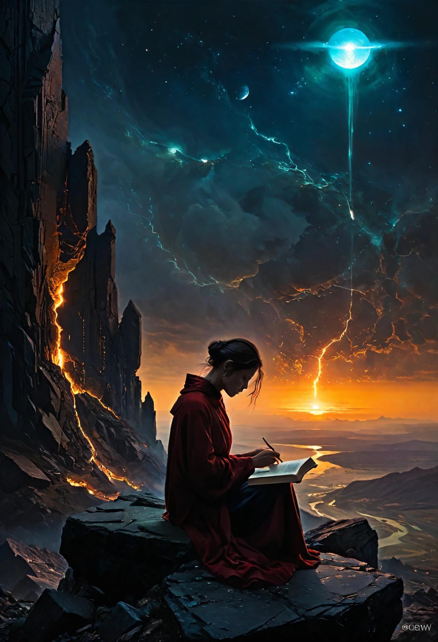 Aaron Horkey's painting depicting，Mysterious Landscape Photography,Luminous oil painting style，Incredible futuristic images appear on the Miracle Stone，mystery book cover art, suspenseful, shadowy, atmospheric, dark colors "visualize a desolate expanse where a spectral landscape unfolds from an ambient haze, as if the very fabric of reality has been drained of color and vitality. a crystalline monolith, bereft of any visible pulse or energy, rises from the barren terrain like a shard of forgotten knowledge, casting an eerie glow across the featureless surroundings. the artwork should evoke a sense of disquieting detachment, where the boundaries between nothingness and existential despair blur, leaving the viewer suspended in a state of numb indifference."red,dark red color palette