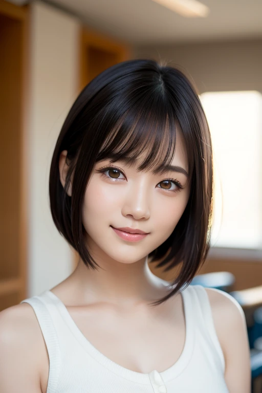(highest quality:1.5)、(Realistic:1.5)、(1 person:1.5)、(Upper Body:1.5)、Very detailed、High resolution、8k wallpaper、、Small breasts、Natural color lips、Cute Smile、Japanese women、20-year-old girl、Beautiful and elegant face、Perfect and beautiful face、Big eyes、Brunette eyes、Beautiful and elegant face、Natural double eyelids、Natural Bangs、Beautiful thin nose、Beautiful Skin、Chestnut Hair、Medium Bob Hair、Short Hair、Natural Bangs、Perfect and beautiful face、Slim face and figure、(Looking at the camera with a cute expression)、Bright lighting、Professional Lighting、Forward lighting、Cute Smile、、、Beautiful clavicle、Facing forward、Simple poses、Fair skin、slender、Glowing Skin、Beautiful Skin、classroom