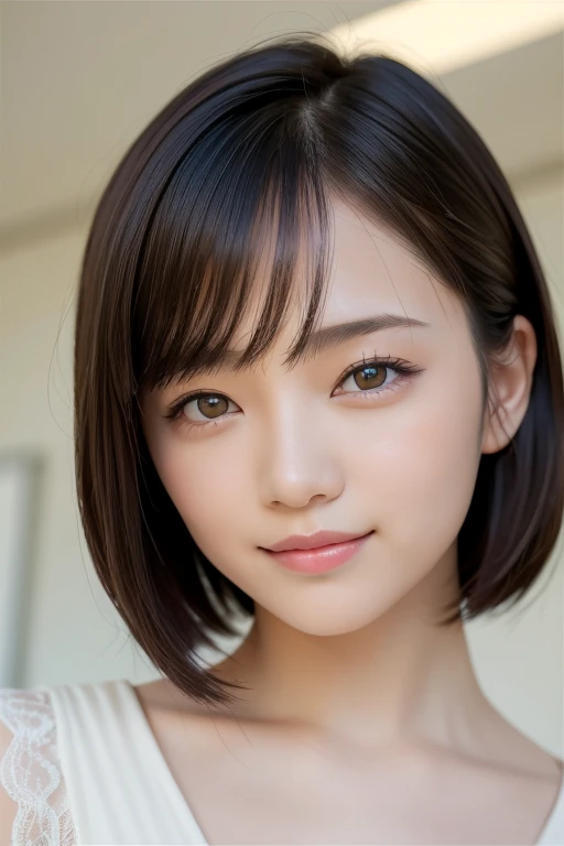 (highest quality:1.5)、(Realistic:1.5)、(1 person:1.5)、(Upper Body:1.5)、Very detailed、High resolution、8k wallpaper、、Small breasts、Natural color lips、Cute Smile、Japanese women、20-year-old girl、Beautiful and elegant face、Perfect and beautiful face、Big eyes、Brunette eyes、Beautiful and elegant face、Natural double eyelids、Natural Bangs、Beautiful thin nose、Beautiful Skin、Chestnut Hair、Medium Bob Hair、Short Hair、Natural Bangs、Perfect and beautiful face、Slim face and figure、(Looking at the camera with a cute expression)、Bright lighting、Professional Lighting、Forward lighting、Cute Smile、、、Beautiful clavicle、Facing forward、Simple poses、Fair skin、slender、Glowing Skin、Beautiful Skin、classroom