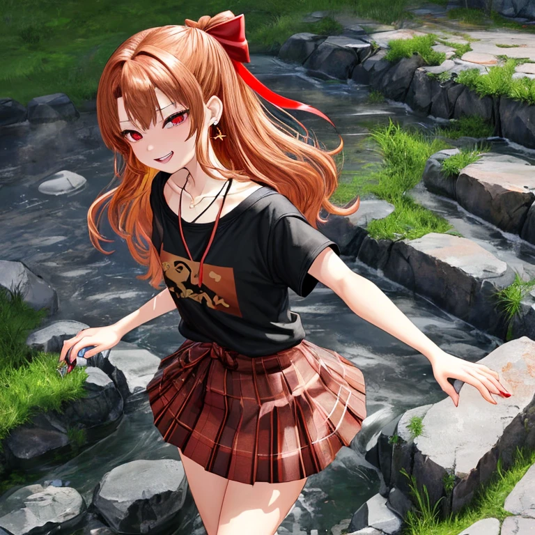 Brown, red, gold, golden hair、red eyes、one good looking girl、solo、anime、plaid mini skirt、black camisole、black t-shirt、hoodie、wearing a ribbon、ribbon at waist、Crystal Earrings、Treasure Stone Necklace、Light and shadow、Tilting face、teeth are visible、pillar、kind face、Kuroko、Diamond dust、grassland、Water running down the stairs、overflowing、Ants are walking、sulking、is increasing、treasure