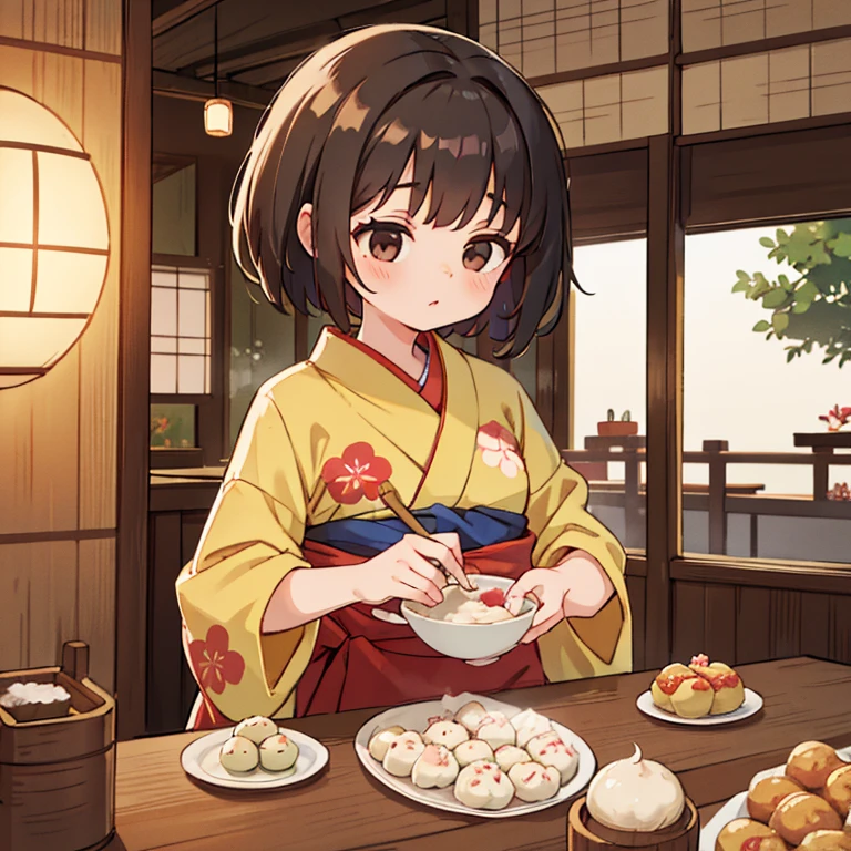 A woman in a kimono making dumplings at a Japanese-style cafe　Flower pattern kimono