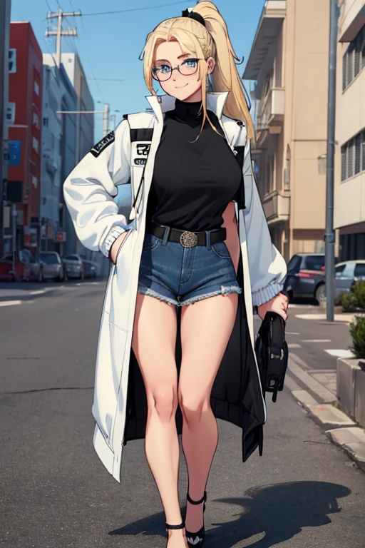 female, blonde long hair in a ponytail, blue eyes, (((1girl))), (((white and black jacket with rolled up sleeves))), (black shirt), (blue denim jeans), (black belt), (black low heels), (glasses), cute and sexy, full body, modest breasts, modest butt, long legs, smiling