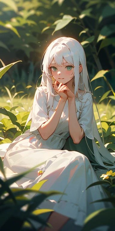 (masterpiece, best quality),1girl with long white hair sitting in a field of green plants and flowers, her hand under her chin, warm lighting, white dress, blurry foreground