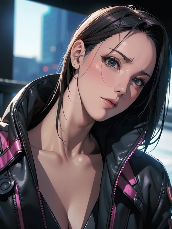 (masterpiece, highest quality, 8k, Sharp focus, Depth of written boundary, Best Shadow, Perfect lighting, High resolution, Realistic skin texture, Highly detailed background), Anime Style, Long Angle Shot, ((Cyberpunk Theme)), alone, 1 female, She&#39;s a mercenary, (Green Eyes, White skin, Black hair ponytail, choker, Small breasts, slim, compensate, eyeliner, Gloss), She works in a futuristic Korean city., Gripping the Tech Katana firmly, night, null, Waning Moon, Wearing a nice technical jacket and leather pants.