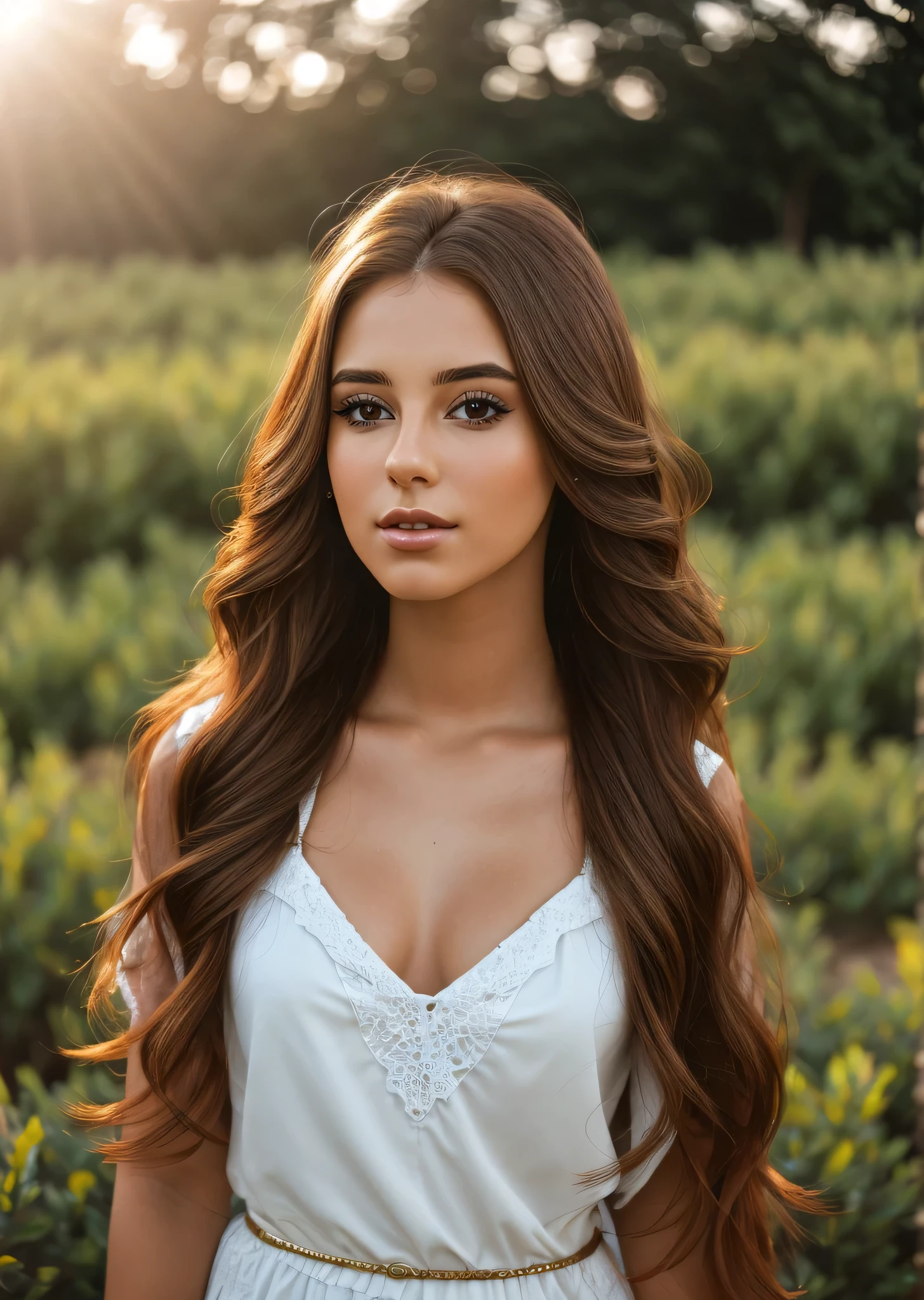 A photorealistic portrait of a 21-year-old colombian girl with long, flowing brown hair and striking dark eyes, with non-perfect skin. She should have a natural, approachable expression and be illuminated by soft, golden-hour sunlight. The background should be a scenic outdoor setting, perhaps a sunlit park or beach. Capture this image with a high-resolution photograph using an 85mm lens for a flattering perspective. And she look a the camera in face