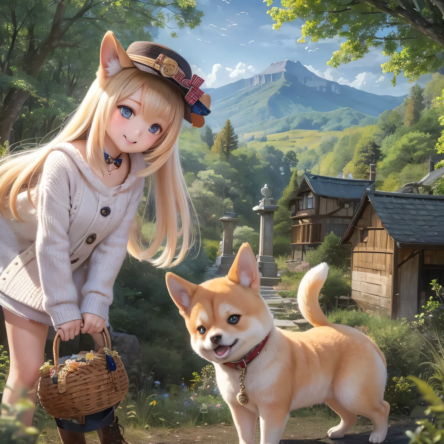 Beautiful fine details, Long eyelashes, Cute Button Nose, Rosy lips, Girl playing with Shiba Inu in a picturesque rural setting, Warm sunlight glows golden, A tall mountain々The winding road leading to, Towering Blue々Tree々, Serene atmosphere, A girl in a loose dress and a wide-brimmed hat , smile、With pure joy in his eyes, The Shiba Inu is wagging his tail and looking up at her excitedly, Build heartwarming bonds, A sense of adventure and exploration in the air, A mountain of magnificent beauty々, The peak touches the clouds, The sound of birds chirping and leaves rustling in the breeze, capturing the perfect moment, (highest quality, High resolution, Very detailed, Realistic)