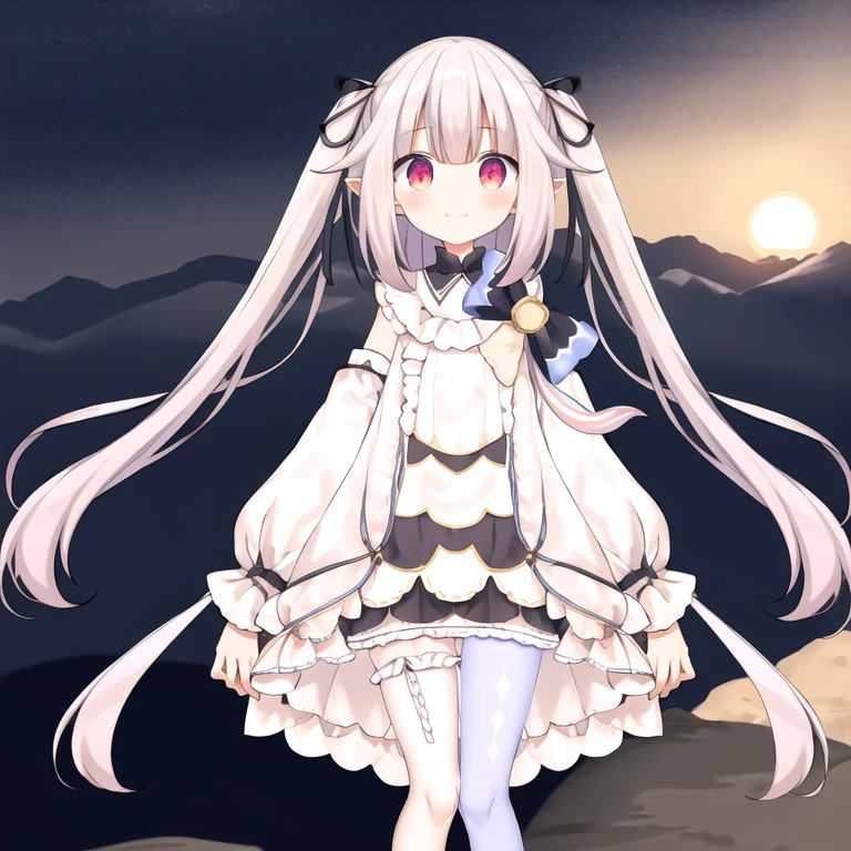 One girl,reis eyes,Virtual YouTuber,Sleeves are longer than the wrist,puffy Long sleeve,Long sleeve,Long Hair,alone,Pointed Ears,smile,:is,shoes,very Long Hair,ふくらんis袖,Asymmetrical legwear,pantyhose,bangs,Open your mouth,two siise up,full boisy,white isress,View your viewers,isress,blush,Frills,mismatcheis legwear,multicoloreis hair,stanising,Twin tails,black ribbon,ribbon,hair ribbon,shirt,bow,Crown,Gray Hair,mini Crown,Pink Hair,single leg pantyhose,white shirt,Single knee socks,Grass,horizon,sunset,Mountain,null,light,floral backgrounis,M-foot