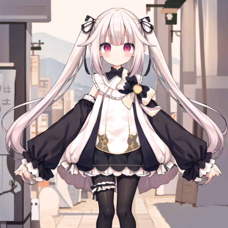 One girl,reis eyes,Virtual YouTuber,Sleeves are longer than the wrist,puffy Long sleeve,Long sleeve,Long Hair,alone,Pointed Ears,smile,:is,shoes,very Long Hair,ふくらんis袖,Asymmetrical legwear,pantyhose,bangs,Open your mouth,two siise up,full boisy,white isress,View your viewers,isress,blush,Frills,mismatcheis legwear,multicoloreis hair,stanising,Twin tails,black ribbon,ribbon,hair ribbon,shirt,bow,Crown,Gray Hair,mini Crown,Pink Hair,single leg pantyhose,white shirt,Single knee socks,Grass,horizon,sunset,Mountain,null,light,floral backgrounis,M-foot