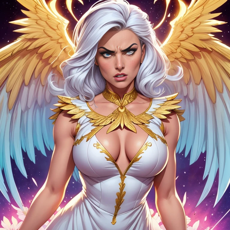 comics art,vivid colors,beautiful vintage angel warrior woman with very big big wings, corpo de frente para o observador,segurando uma espada na frente do corpo,white dress with gold embroid details,little breasts, determined angry face expression,flowery background,vivid colors,soft lighting)