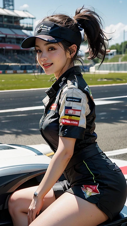 Very detailedな CG Unity 8k 壁紙, highest quality, Very detailed, masterpiece, Realistic, photo Realistic, Very detailedなかわいい女の子, Age 25, (whole bodyからつま先まで:1.2、(whole body)、(whole body to toes)、(Shooting from the side:1.2)、((sitting on the hood of a car))、(Race Queen)、(Natural pose）,(Model pose)、(Big Breasts)、(Big Ass)、(smile at the camera)、( smile ),(whole bodyショット:1.2) ,(Side view:1.2)、(Side Shot:1.2)、(ponytail)、(photoRealistic:1.3)、((Wear a sponsored grid girl costume,Logo is printed)), (Shorts) , (Participate in a motorsport race),   
