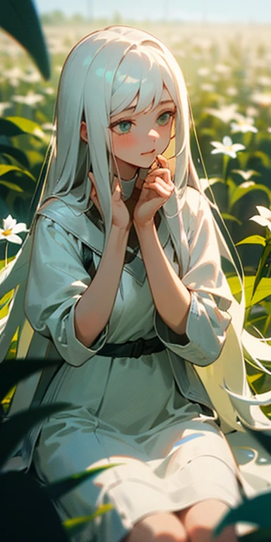 (masterpiece, best quality),1girl with long white hair sitting in a field of green plants and flowers, her hand under her chin, warm lighting, white dress, blurry foreground