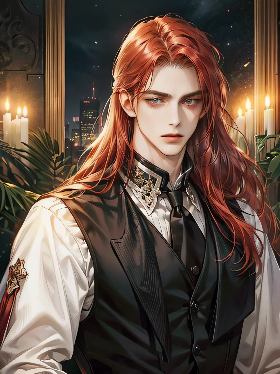 (best quality,HD:1.2), ultra-detailed, realistic:1.37, male above 40, tall, very mature, long red hair with white highlights, sharp face, sharp eyes, dark black vest, low exposure, solo, normal expression