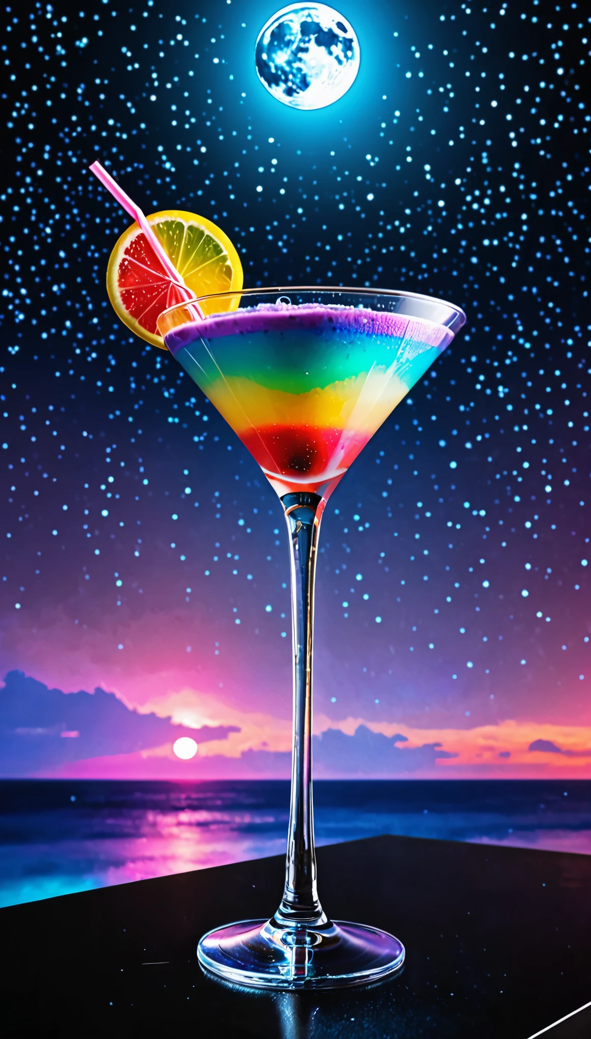 best quality, super fine, 16k, beautiful cocktail drink with many layers of color, long glass, beautifully colored cocktails, booth cafes, gradations, iridescent ice cream float toppings, works that look like product advertisements, background full moon in the night sky, BREAK, heptagram, iridescent neon light shooting into the sky from the top of seven-pointed star, kaleidoscope floating in the sky, beautiful, cool, cute, the moment of the birth of life, planetarium-like design artwork