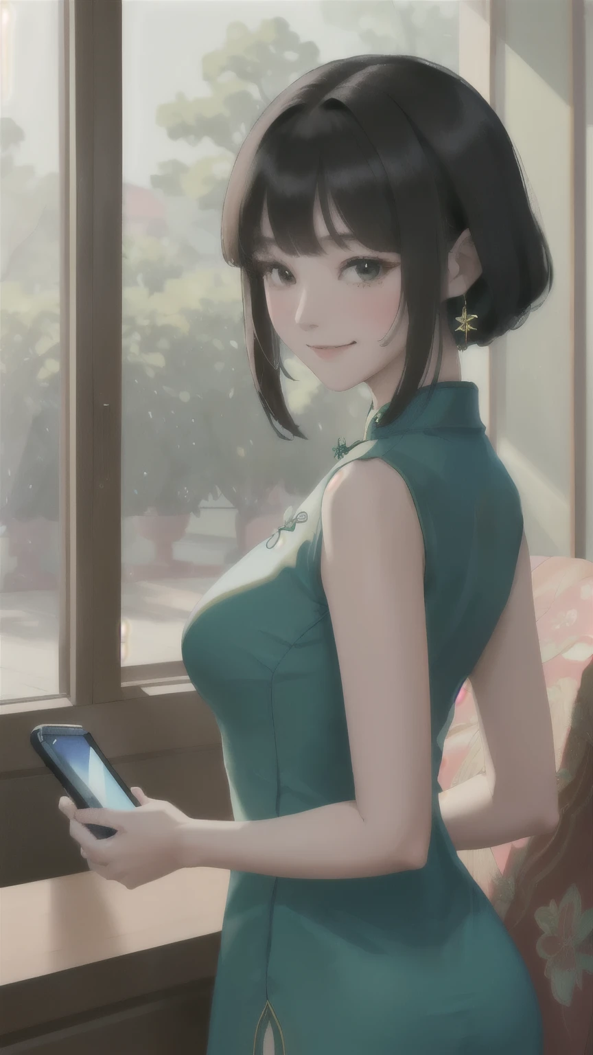 1 Woman Standing, ((Have a smartphone) In front of the face:1.2), (Selfie), (Deep Green Cheongsam), Mature Woman, /(Black Hair/) bangs, Blushing Smile, (Masterpiece of the highest quality:1.2) Delicate illustrations, super detailed, Big Break (Back of smartphone), Camera lens break (Modern house living room) indoor