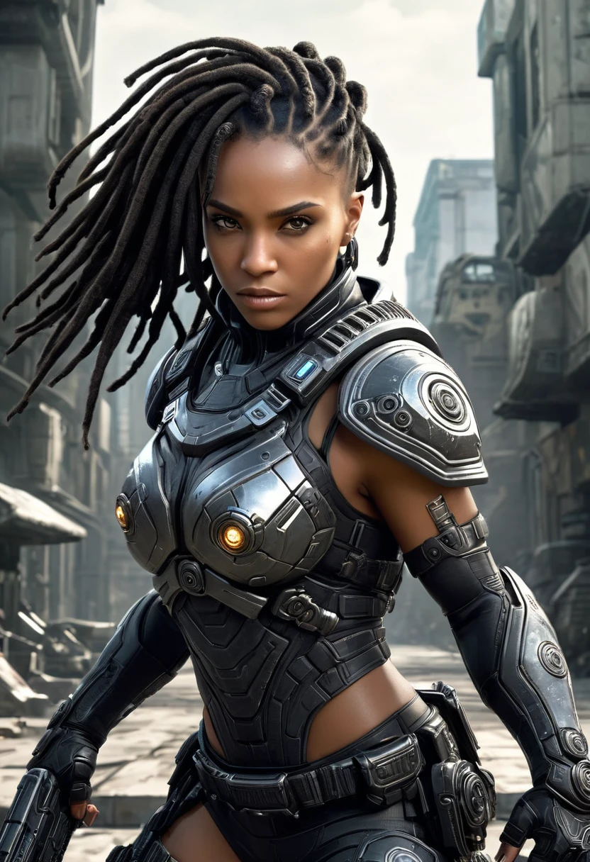 best quality, Ultra Detalhado, master part, 1 mulher negra nsfw de 18 anos, pele negra, Sci-Fi Fighter, Jogo de Gears of War, ((1 mulher negra de 18 anos, pele negra, cabelo dreadlock, rosto bonita, rosto bem desenhado, symmetrical face, detailed hands, well drawn hands, symmetric eyes, corpo esguio: 1.2, sci-fi soldier, usando armadura sci-fi, corpo esguio, corpo inteiro, peito pequeno)), dynamic pose, Pose de combate, motor ureal 5, 8k, drama ao vivo, apocalyptic cityscape, proporcional, symmetric, proportion Aurea, art-station, Velhaco, Dynamic Combat Pose