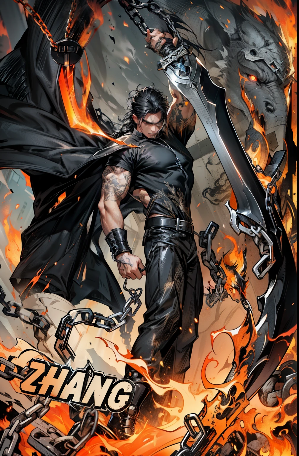 boys 26 Years old, Serious face, black hair, flowing hair, wearing ((black shirt)), black pants, high cut boots, holding sword, flames, chains, giant sword