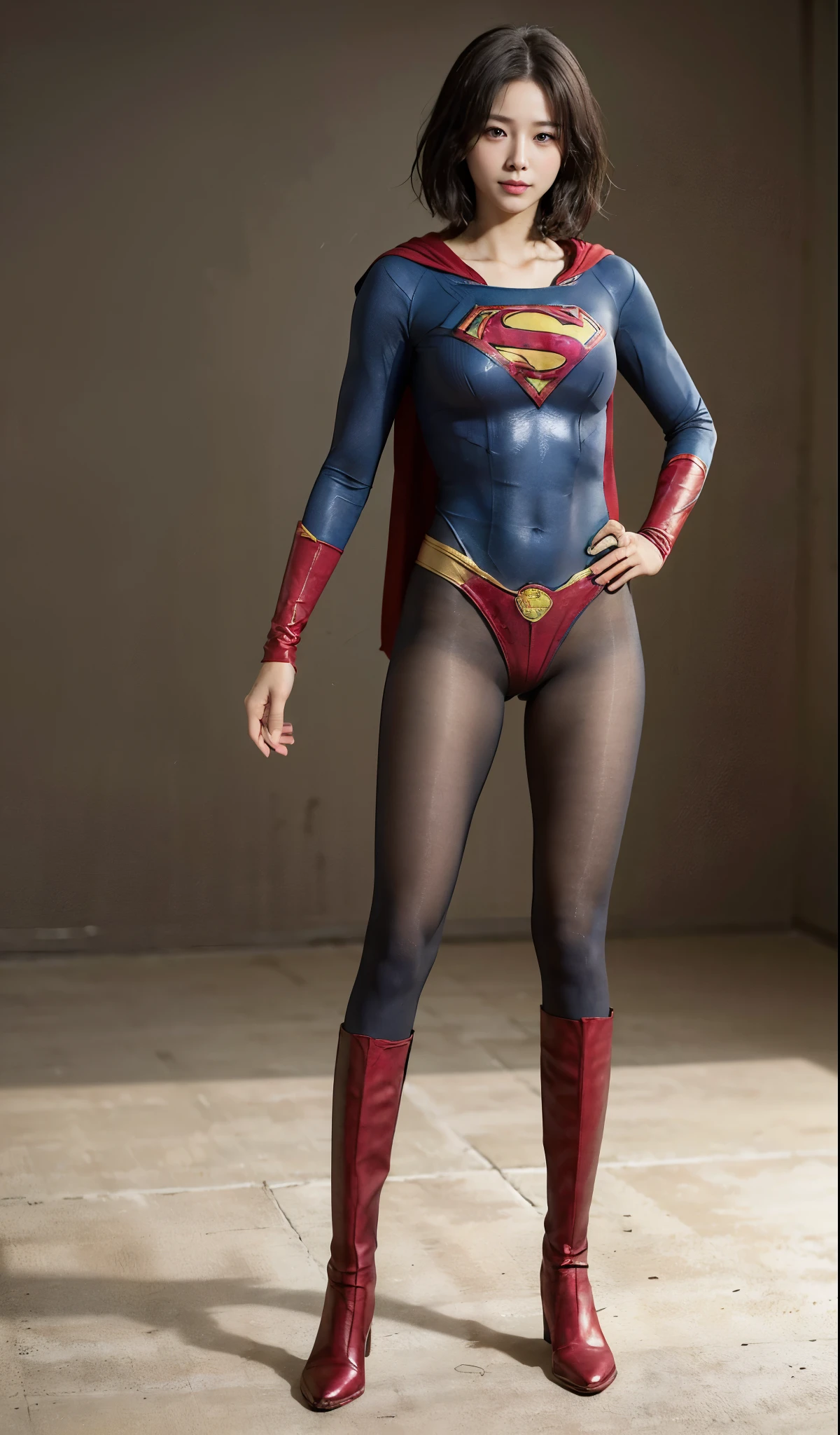 No background、(((Beautiful legs in black tights.)))、(((Legally express the beauty of your smile)))、((((Make the most of your original images)))、(((Supergirl Costume)))、(((Beautiful very short hair)))、(((suffering)))、(((Please wear black tights....、Wear red boots)))、((Best image quality、8k))、((highest quality、8k、masterpiece:1.3))、(((Preserve background )))、Sharp focus:1.2、Beautiful woman with perfect figure:1.4、Slim Abs:1.2、Wet body:1.5、Highly detailed face and skin texture、8k