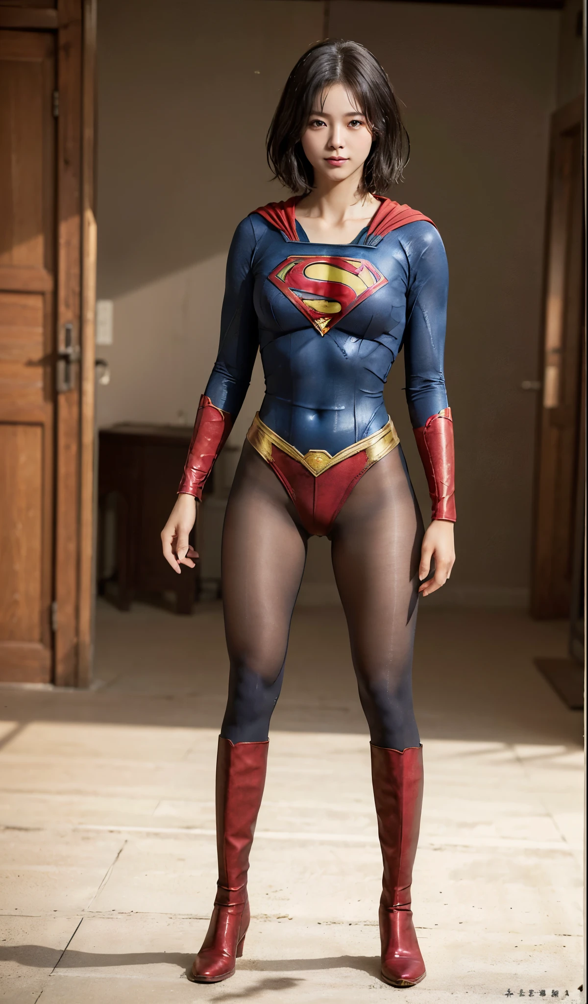 No background、(((Beautiful legs in black tights.)))、(((Legally express the beauty of your smile)))、((((Make the most of your original images)))、(((Supergirl Costume)))、(((Beautiful very short hair)))、(((suffering)))、(((Please wear black tights....、Wear red boots)))、((Best image quality、8k))、((highest quality、8k、masterpiece:1.3))、(((Preserve background )))、Sharp focus:1.2、Beautiful woman with perfect figure:1.4、Slim Abs:1.2、Wet body:1.5、Highly detailed face and skin texture、8k