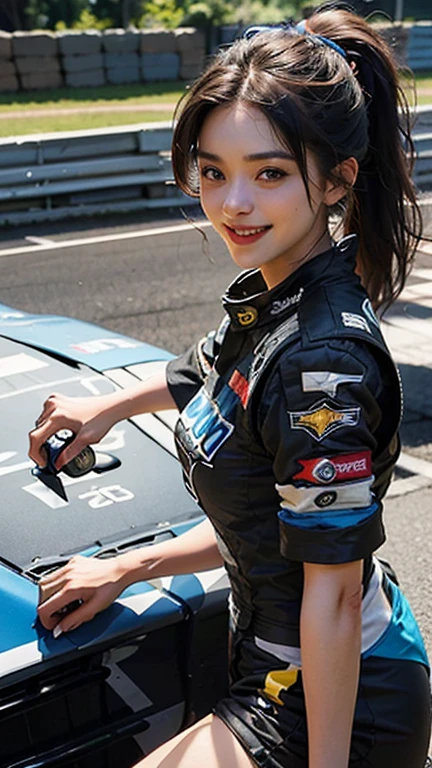 Very detailedな CG Unity 8k 壁紙, highest quality, Very detailed, masterpiece, Realistic, photo Realistic, Very detailedなかわいい女の子, Age 25, (whole bodyからつま先まで:1.2、(whole body)、(whole body to toes)、(Shooting from the side:1.2)、((sitting on the hood of a car))、(Race Queen)、(Natural pose),(Model pose)、(Big Breasts)、(Big Ass)、(smile at the camera)、( smile ),(whole bodyショット:1.2) ,(Side view:1.2)、(Side Shot:1.2)、(ponytail)、(photoRealistic:1.3)、((Wear a sponsored grid girl costume,Logo is printed)), (Shorts) , (Participate in a motorsport race),
