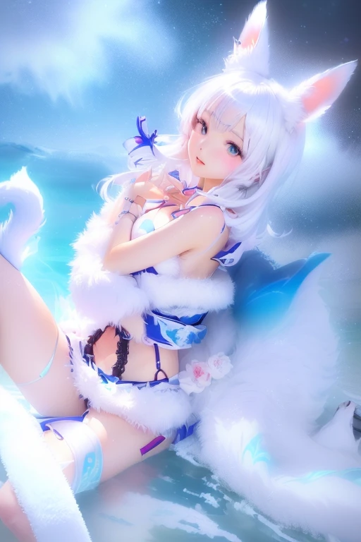 Anime girl with white hair and blue eyes, White cat lady, Gweitz, Very Beautiful Anime Cat Girl, artwork in the style of Gweitz, Gweitz on pixiv artstation, Gweitz on artstation pixiv, Beautiful anime cat girl, Trending on cgstation, anime wallpaper 4k, anime wallpaper 4k,wet Swimwear, Young Sensual Gravure Idol, Yoshitomo Nara, Young and cute gravure idol, sakimichan, is wearing a Swimwear, Realistic young gravure idol, Swimwear, wearing two - piece Swimwear,Spread your legs,Sitting with legs crossed,