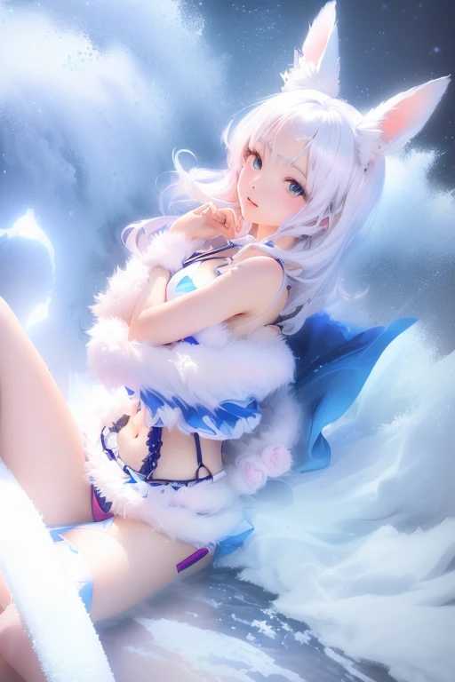 Anime girl with white hair and blue eyes, White cat lady, Gweitz, Very Beautiful Anime Cat Girl, artwork in the style of Gweitz, Gweitz on pixiv artstation, Gweitz on artstation pixiv, Beautiful anime cat girl, Trending on cgstation, anime wallpaper 4k, anime wallpaper 4k,wet Swimwear, Young Sensual Gravure Idol, Yoshitomo Nara, Young and cute gravure idol, sakimichan, is wearing a Swimwear, Realistic young gravure idol, Swimwear, wearing two - piece Swimwear,Spread your legs,Sitting with legs crossed,