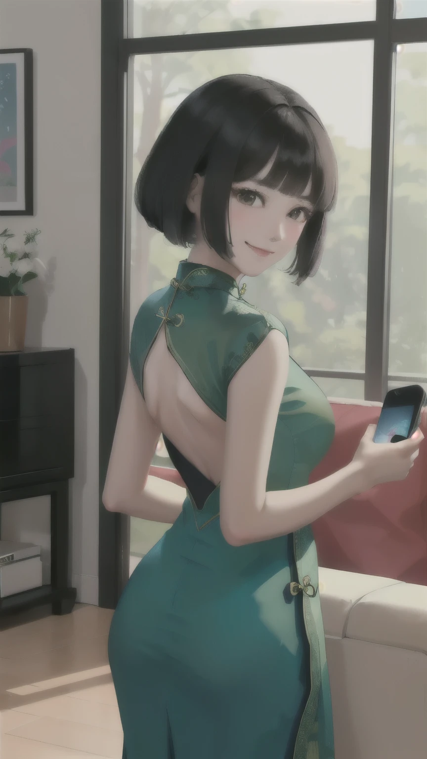 1 Woman Standing, ((Have a smartphone) In front of the face:1.2), (Selfie), (Deep Green Cheongsam), Mature Woman, /(Black Hair/) bangs, Blushing Smile, (Masterpiece of the highest quality:1.2) Delicate illustrations, super detailed, Big Break (Back of smartphone), Camera lens break (Modern house living room) indoor