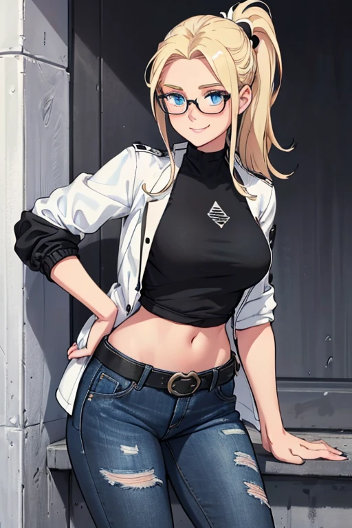 female, blonde long hair in a ponytail, blue eyes, (((1girl))), (((white and black jacket with rolled up sleeves))), (black shirt), (blue denim jeans), (black belt), (black low heels), (glasses), cute and sexy, full body, modest breasts, modest butt, long legs, smiling