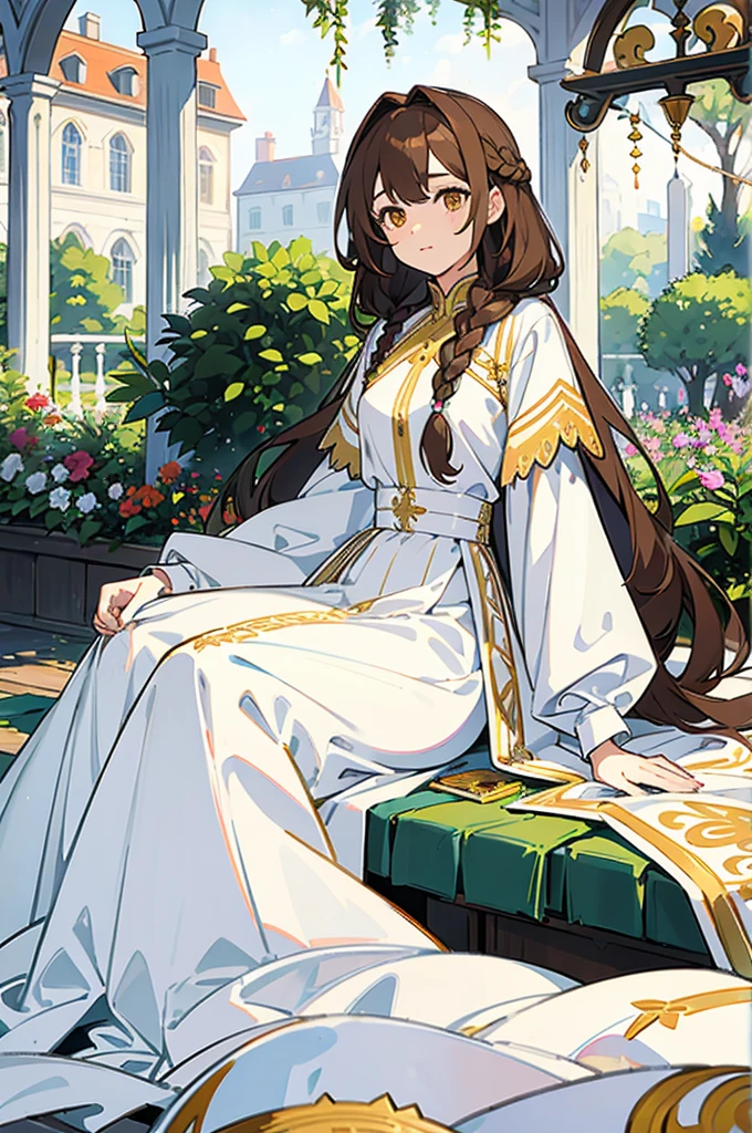 1 woman, (Masterpiece, Best quality:1.2), wearing white outfit, Garden setting, Very long hair, Waist length hair, There is braid hair on the left side, Brown hair, Golden eyes