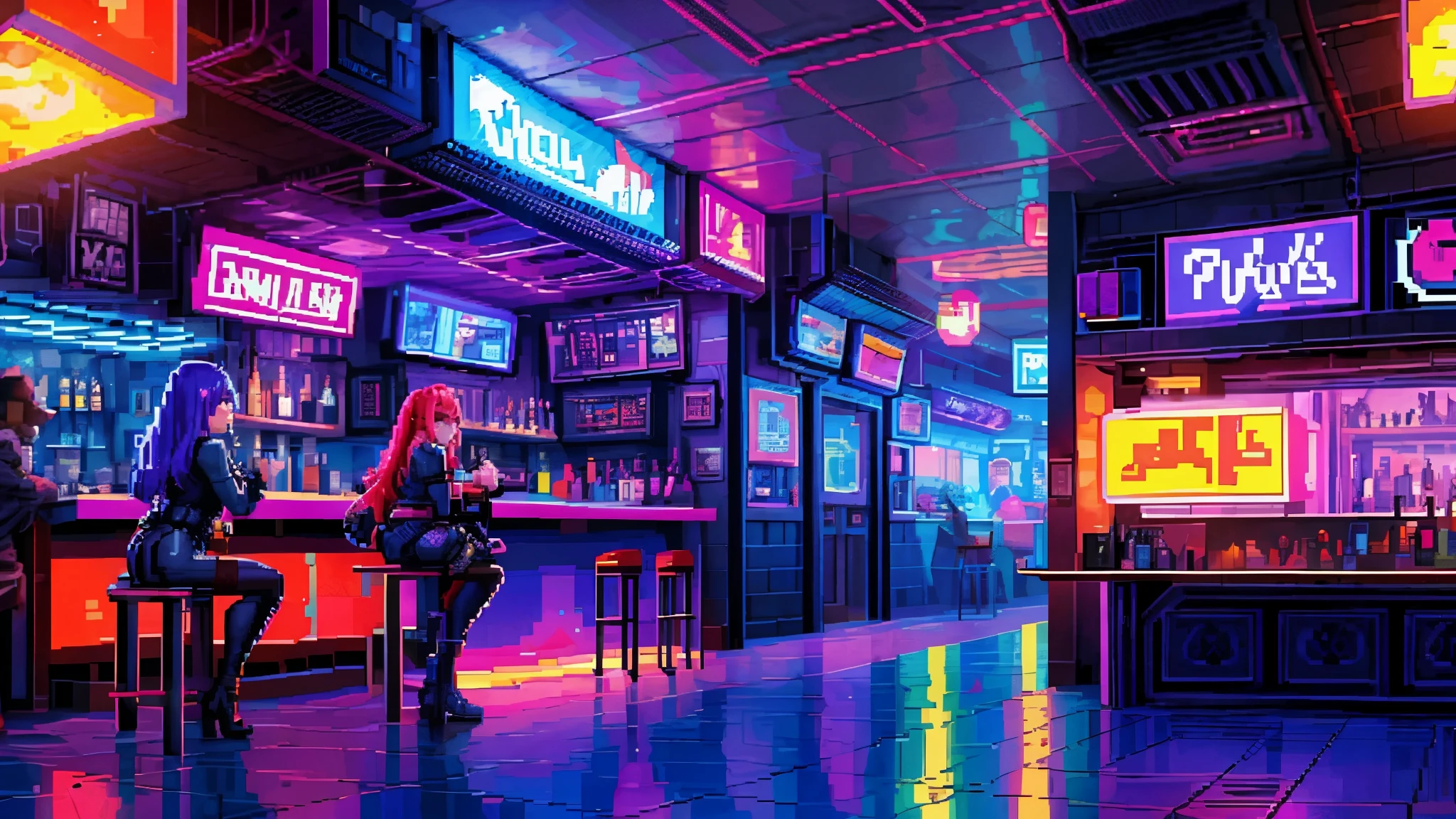 a pixel art representation of a peaceful cyberpunk Bar, lovely, detailed, color theory, harmonious colors, purple, blue, red, blocky, beautiful