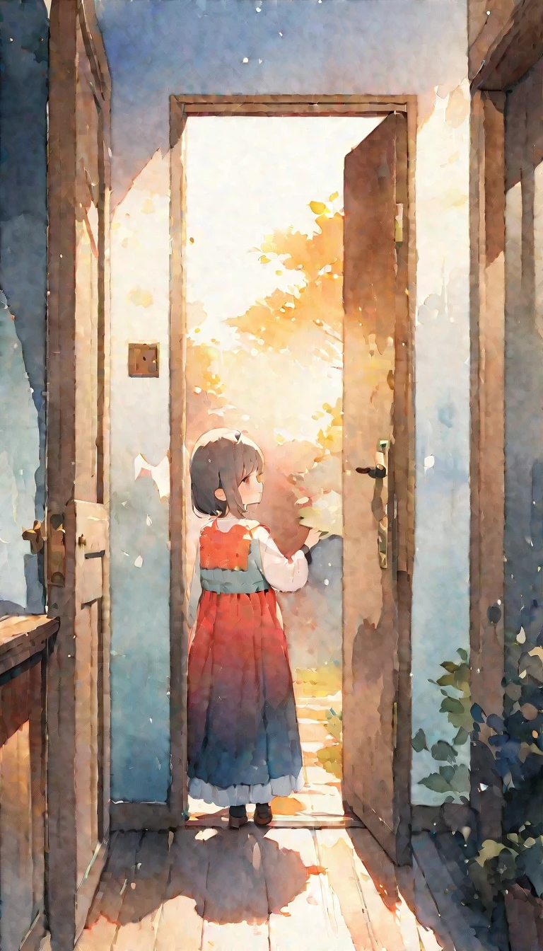 (masterpiece:1.3), (best quality:1.2), (illustration:1.2), (ultra detailed:1.2), (pixiv:1.4),
ultra high res, watercolor, A little brother and sister opened the door to greet the morning, 