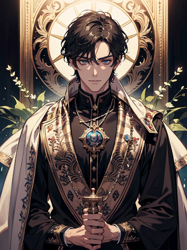(absurderes, A high resolution, Ultra detailed), 1 male, Adult, Handsome, tall muscular guy, Broad shoulders, finely detailed eyes and detailed face, Knights \tarot\, royal knights, Armor, sword, Symbolism, visual art, occult, universal, Visual projection, Philosophy, Iconography, Numerology, popularity, Alfonse Mucha, Smile, Artistic