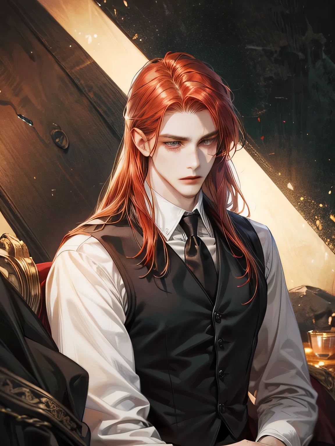 (best quality,HD:1.2), ultra-detailed, realistic:1.37, male above 40, tall, very mature, long red hair with white highlights, sharp face, sharp eyes, dark black vest, low exposure, solo, normal expression