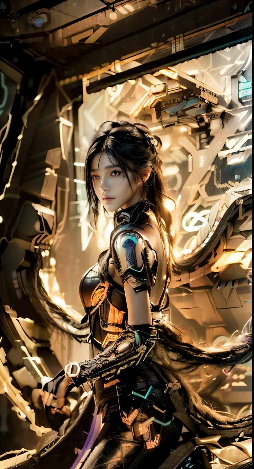 (Long black wavy hair with blue and purple neon lighting:1.2),(Full body photo:1.2) Best image quality, masterpiece, Ultra-high resolution, (Faithfulness:1.4), ((Cyberpunk characters)), Japanese women, Very beautiful face, Skinny, Small breasts,  Cyber Costume, Futuristic, ((Award-winning, ultra-realistic photography))，(Hyper Detail），(Intricate details），(High resolution CGI artwork 8k), LED Light, Atmospheric lighting, Illuminated by neon lights, (Dark city night、Black Background:1.4)