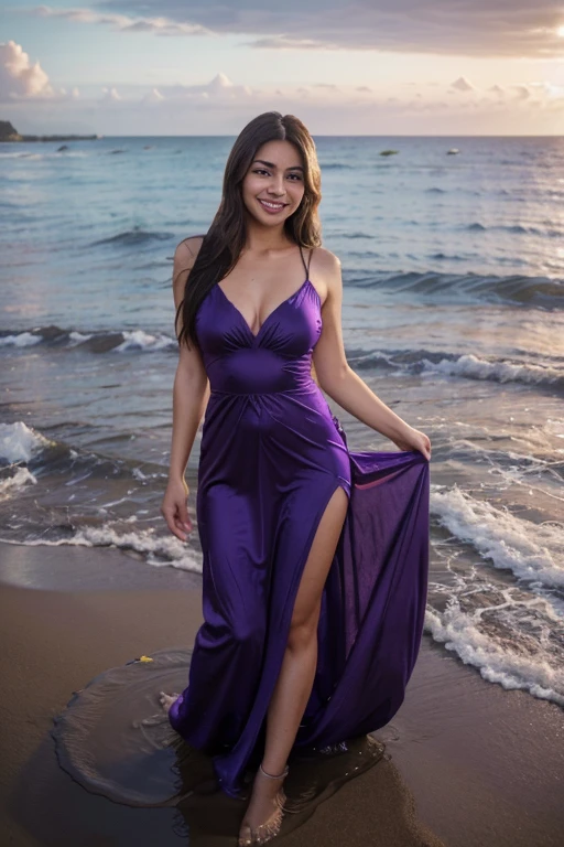 there is a woman that is smiling and posing for a picture, flawless olive skin, violet myers, gorgeous latina face, beautiful and smiling, cindy avelino, beautiful mexican woman, indian girl with brown skin, portrait sophie mudd, high res, highres, fanart, leaked image, gorgeous beautiful woman, full res, alanis guillen, jaw-dropping beauty, a woman in a purple dress standing in the water, wearing an elegant dress, posing on a beach with the ocean, wearing a long dress, modeling photography, wearing a flowing dress, purple dress, wearing a dress made of water, ethereal beauty, stunning elegant pose, posing on the beach, photos hoot, garbed in a purple gown, wearing a wonderful dress
