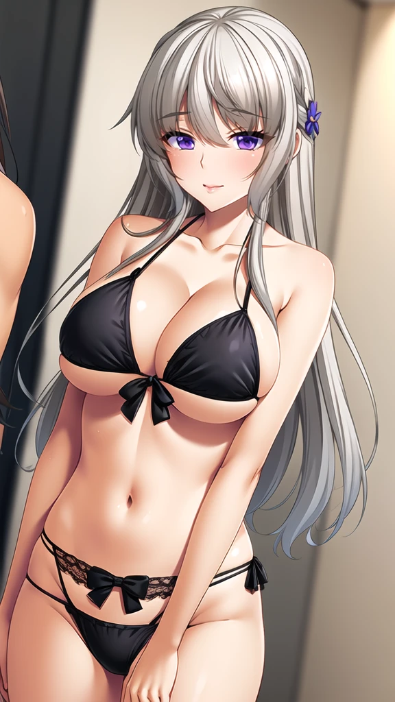 Purple Eye、Long Hair、Silver Hair、(Masterpiece:1.2)、highest quality、Game CG、Easy to understand、Easy to understand、cg_unity_8K_wallpaper、Figures、High resolution、Disturbance、Throw、blind、Particles of light、(1 girl)、(Portrait)、 (Mature Woman),Mature Woman, (((black bikini micro bikini:1.3))), pink_ribbon, have, Are standing, looking at the camera, Bewitching Smile、