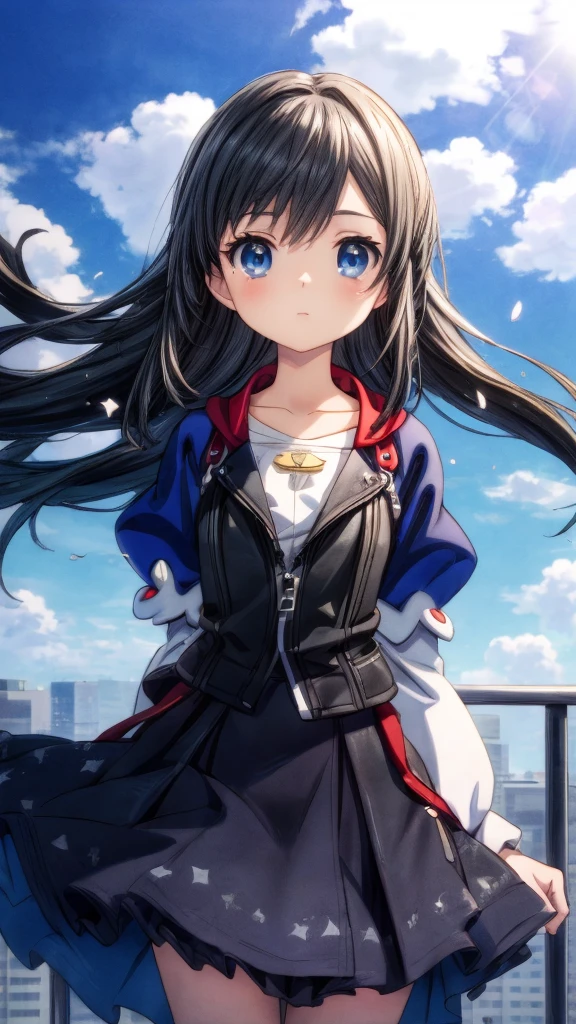 Absurd, High resolution, (Anime Style:1.1), ((Tabletop)), ((highest quality)), (Very detailed), (beautiful), alone, beautiful face、(lift)、The view from the top of a skyscraper close to the atmosphere is lovely.,Wind,((Thin black colorful long hair)),, blue eyes,Lens flare,dramatic,Detailed Ancient City、A skirt fluttering in the wind、Clouds looking down、(Finely fluttering black here:1.4),((Kingdom Hearts 4)),((Shibuya Ward))1.5,