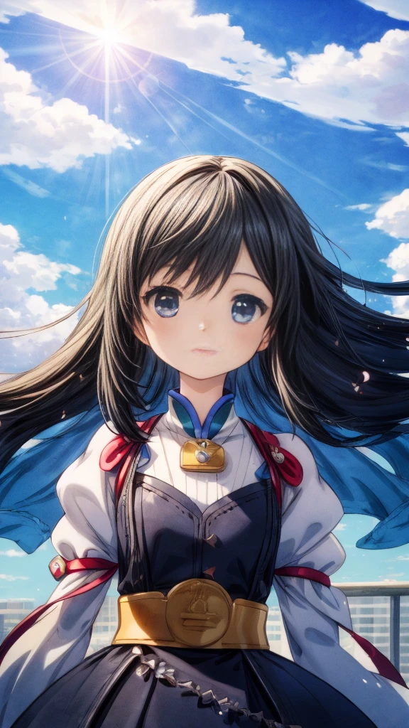 Absurd, High resolution, (Anime Style:1.1), ((Tabletop)), ((highest quality)), (Very detailed), (beautiful), alone, beautiful face、(lift)、The view from the top of a skyscraper close to the atmosphere is lovely.,Wind,((Thin black colorful long hair)),, blue eyes,Lens flare,dramatic,Detailed Ancient City、A skirt fluttering in the wind、Clouds looking down、(Finely fluttering black here:1.4),((Kingdom Hearts 4)),((Shibuya Ward))1.5,