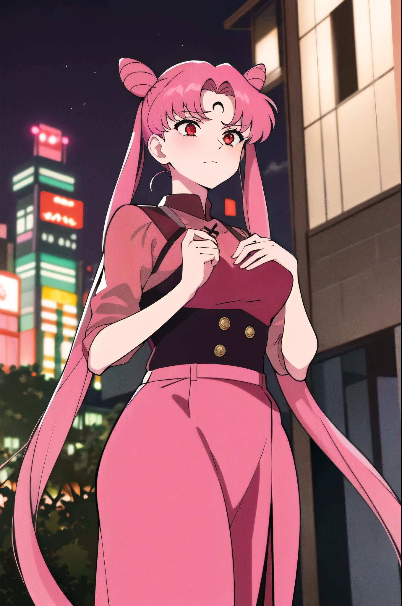 masterpiece, best quality, highres, 1990s \(style\), black lady, 1girl, double bun, twintails, parted bangs, pink hair, cowboy shot, (animification:1.4), futoshi slim, (aged up:1.4), (mature female:1.4), long hair, red eyes, solo, shy, night Tokyo background